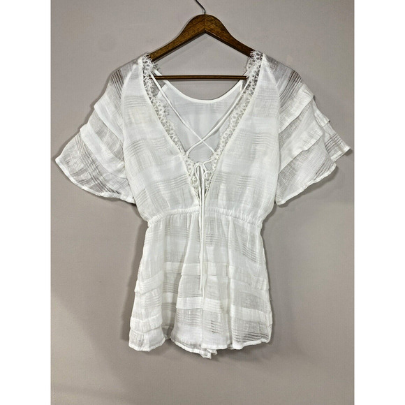 J.O.A. White Short Sleeve Romper Lace Ruffles Boho Size XSMALL - Picture 9 of 12